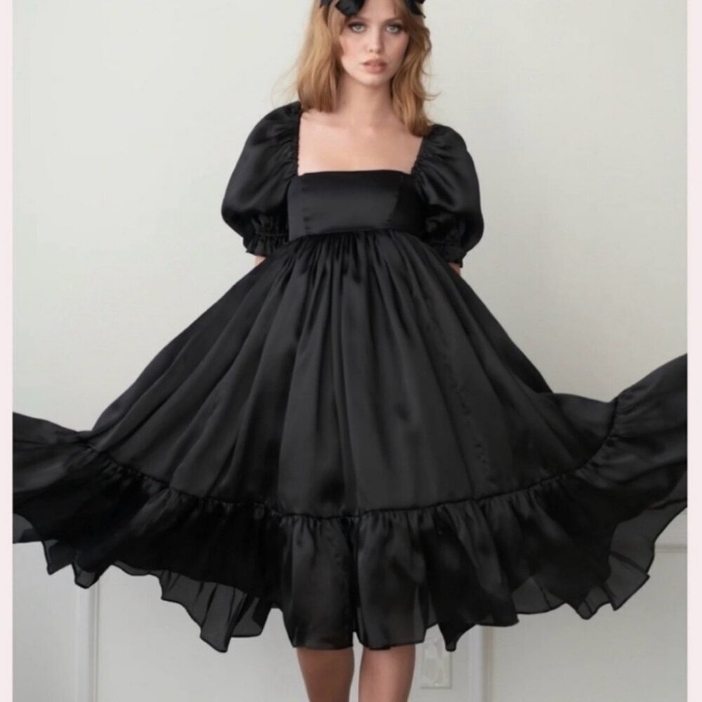 NEW NWT Selkie Silk Caviar French Puff Dress Black XS - Picture 2 of 10